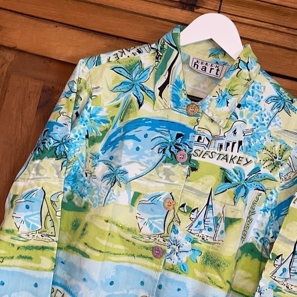 KEREN HERT Blue & Green Sailboat sequins Shirt Sz. S - Picture 3 of 17